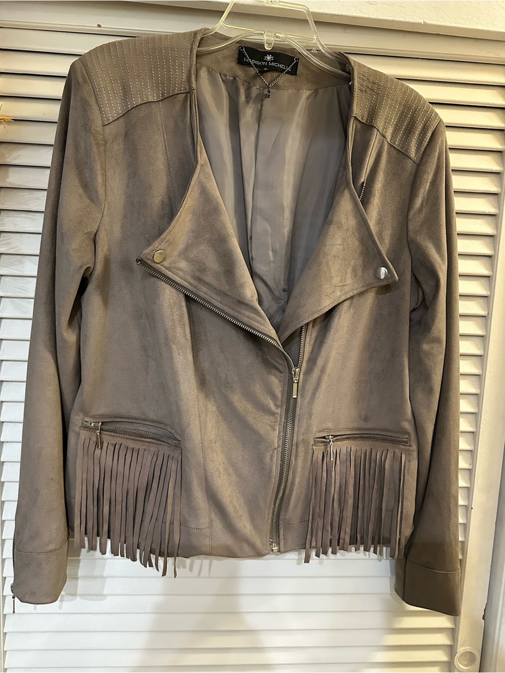 Avenue Taupe Fringe Faux-Suede Moto Jacket